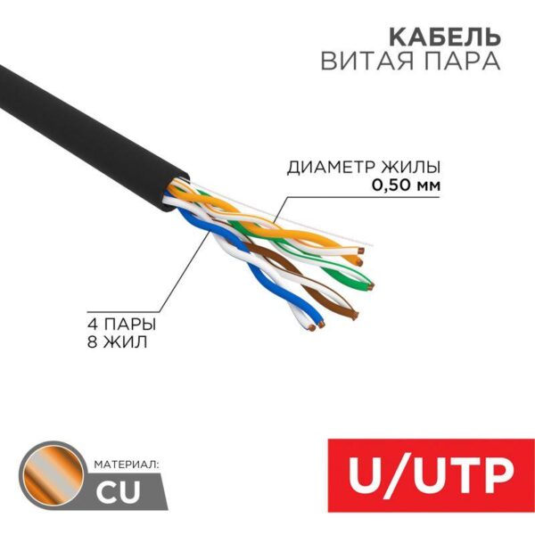 Кабель витая пара U/UTP кат.5E 4х2х24AWG solid CU PE Outdoor черн. (м) Rexant 01-0045 (124939)