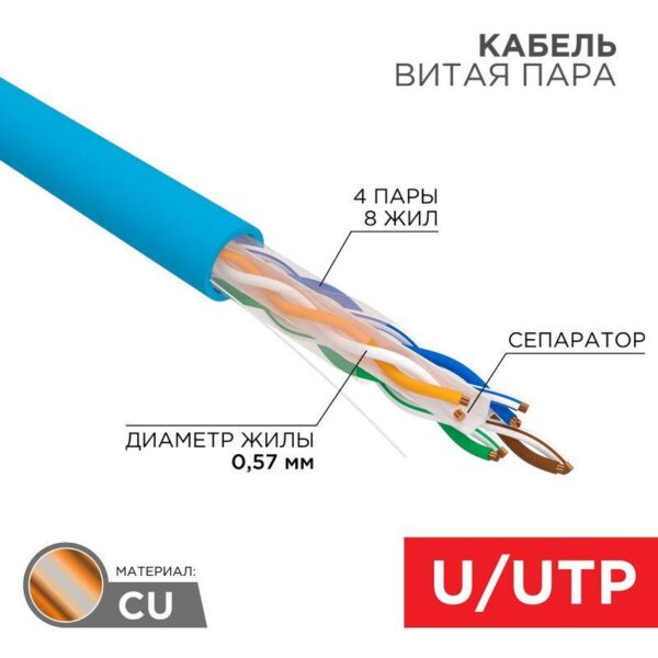 Кабель витая пара U/UTP кат.6 4х2х23AWG solid CU PVC син. (м) Rexant 01-0047 (119253)