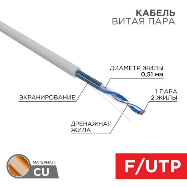 Кабель витая пара F/UTP кат.5e 1х2х24AWG solid PVC INDOOR сер. (м) Rexant 01-0120 (119249)