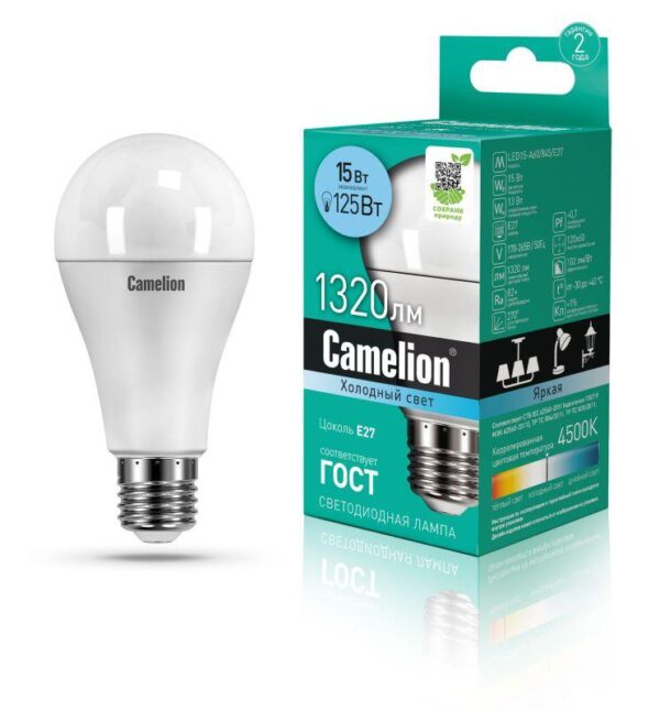 Лампа светодиодная LED15-A60/845/E27 15Вт грушевидная 4500К E27 1320лм 220В бел. Camelion 12186 (411900)