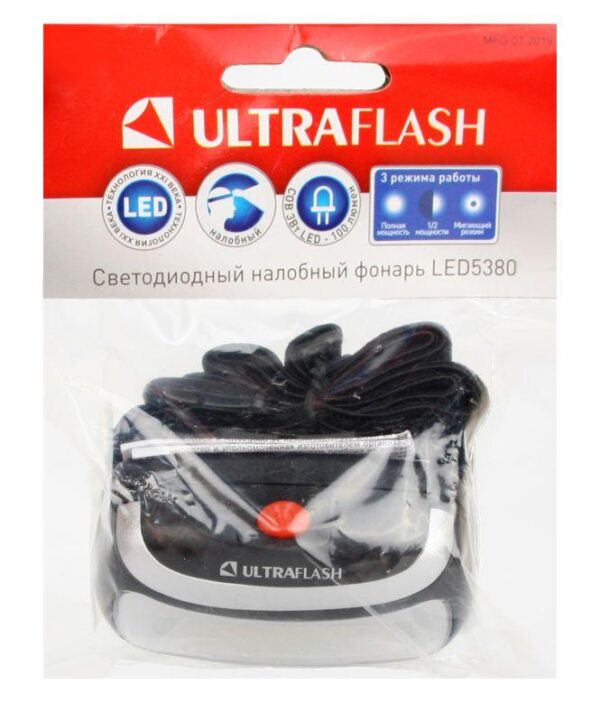Фонарь налобный LED 5380 (3Вт COB LED 3 режима черн. пласт. пакет) Ultraflash 12870 (477723)