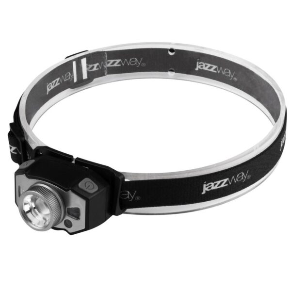 Фонарь аккумуляторный налобный AccuH1-L5WZ-bk zoom LED 5Вт + 2хRED SMD IP54 5 режимов: 100проц. 180лм 3.5ч/50проц. 110лм 5.5ч/30проц. 65лм 15ч/красн. 28ч/мигающ. красн. 12ч аккум. 0.8А.ч управл. жестами черн./сер. JazzWay 5036642 (1556475)