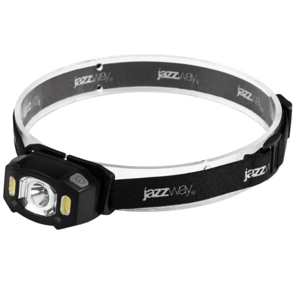 Фонарь аккумуляторный налобный AccuH3-L5W-bk LED 5Вт + 2хRED SMD IP54 5 режимов: 100проц. 180лм 3.5ч/50проц. 110лм 5.5ч/30проц. 65лм 15ч/красн. 28ч/мигающ. красн. 12ч аккум. управл. жестами черн. JazzWay 5036703 (1556477)