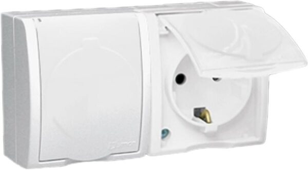 Розетка 2-м ОП Simon15 16А IP54 250В с заземл. Schuko защ. шторки с крышкой винт. клеммы бел. Simon 1594443-030 (159969)