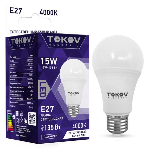 Лампа светодиодная 15Вт А60 4000К Е27 176-264В TOKOV ELECTRIC TKE-A60-E27-15-4K (1660372)