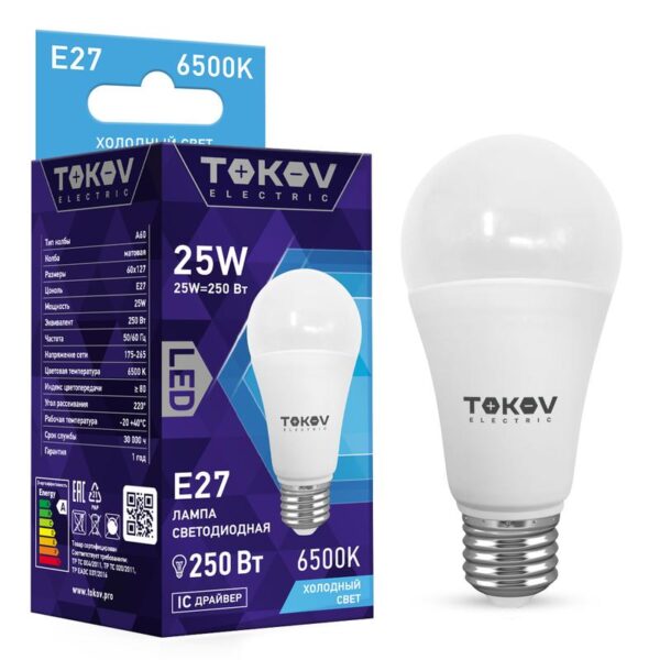 Лампа светодиодная 25Вт А60 6500К Е27 176-264В TOKOV ELECTRIC TKE-A60-E27-25-6.5K (1660379)