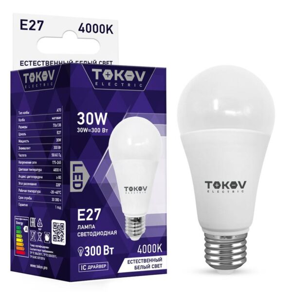 Лампа светодиодная 30Вт А70 4000К Е27 176-264В TOKOV ELECTRIC TKE-A70-E27-30-4K (1660380)