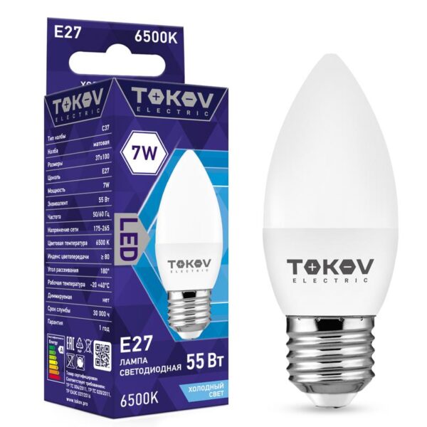 Лампа светодиодная 7Вт С37 6500К Е27 176-264В TOKOV ELECTRIC TKE-C37-E27-7-6.5K (1660404)