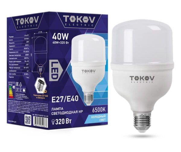 Лампа светодиодная 40Вт HP 6500К Е40/Е27 176-264В TOKOV ELECTRIC TKE-HP-E40/E27-40-6.5K (1660434)