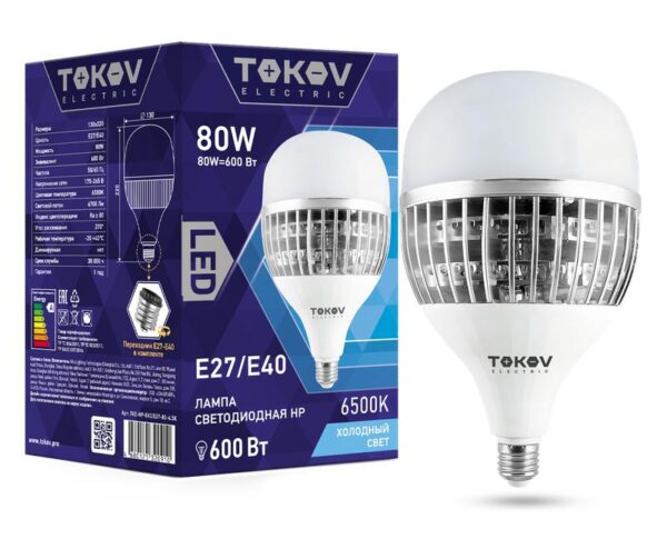 Лампа светодиодная 80Вт HP 6500К Е40/Е27 176-264В TOKOV ELECTRIC TKE-HP-E40/E27-80-6.5K (1660438)