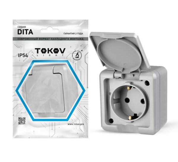 Розетка 1-м ОП Dita 16А IP54 250В с заземл. с крышкой сер. TOKOV ELECTRIC TKL-DT-R1Z-C06-IP54 (1710656)