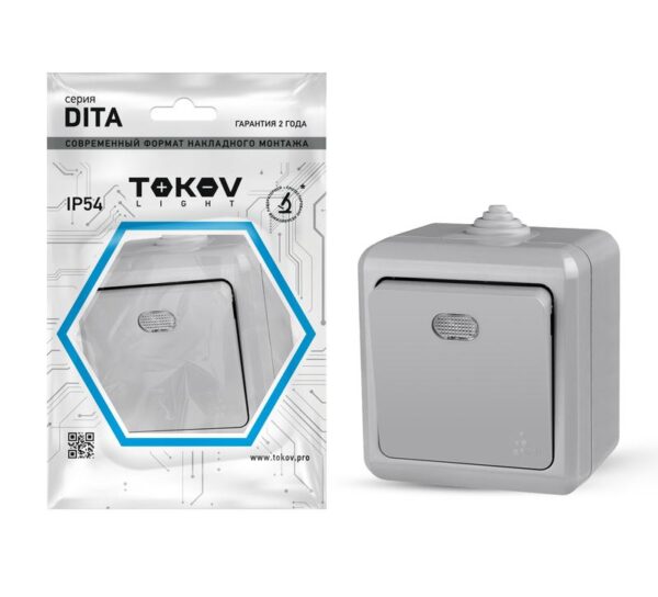 Выключатель 1-кл. ОП Dita IP54 10А 250В с индикацией сер. TOKOV ELECTRIC TKL-DT-V1I-C06-IP54 (1710667)