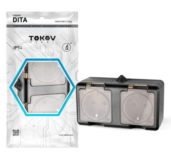 Розетка 2-м ОП Dita 16А IP54 250В с заземл. с прозр. крышкой карбонTOKOV ELECTRIC TKL-DT-R2Z-C14T-IP54 (1792455)