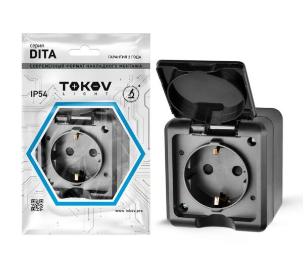 Розетка 1-м ОП Dita 16А IP54 250В с заземл. с крышкой карбон TOKOV ELECTRIC TKL-DT-R1Z-C14-IP54 (1792456)
