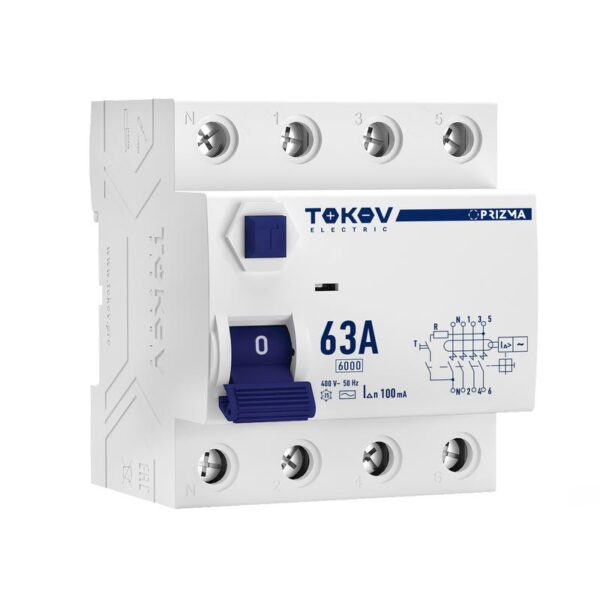 Выключатель дифференциального тока (УЗО) 4п (3P+N) 63А 100мА тип AC 6кА PRIZMA TOKOV ELECTRIC TKE-PZ60-RCDM-4-63-100-AC (1848424)