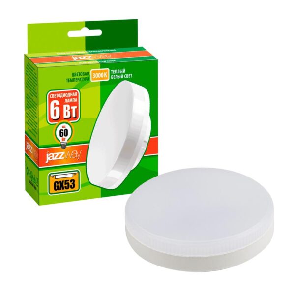 Лампа светодиодная PLED-ECO 6Вт таблетка матовая 3000К тепл. бел. GX53 460лм 230В JazzWay 2851987 (382552)
