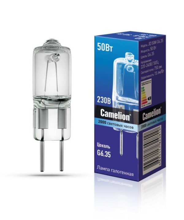 Лампа галогенная JD 50Вт капсула G6.35 3000К 240В Camelion 5204 (329695)