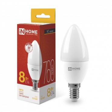 Лампа светодиодная LED-СВЕЧА-VC 8Вт свеча 3000К тепл. бел. E14 760лм 230В IN HOME 4690612020426 (530173)