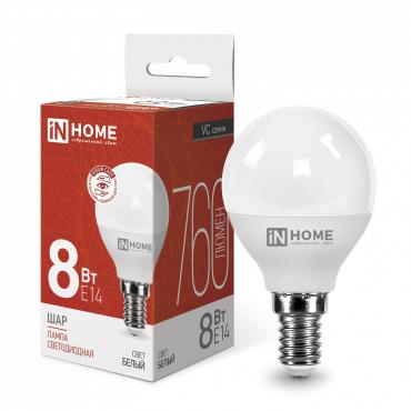 Лампа светодиодная LED-ШАР-VC 8Вт шар 4000К нейтр. бел. E14 760лм 230В IN HOME 4690612020556 (530186)