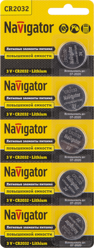 Элемент питания литиевый CR2032 94 765 NBT-CR2032-BP5 (блист.5шт) Navigator 94765 (157826)