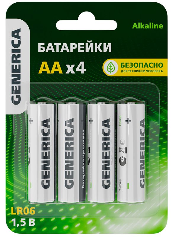 Элемент питания алкалиновый AA/LR6 Alkaline (блист.4шт) GENERICA ABT-LR06-ST-L04-G (1777263)