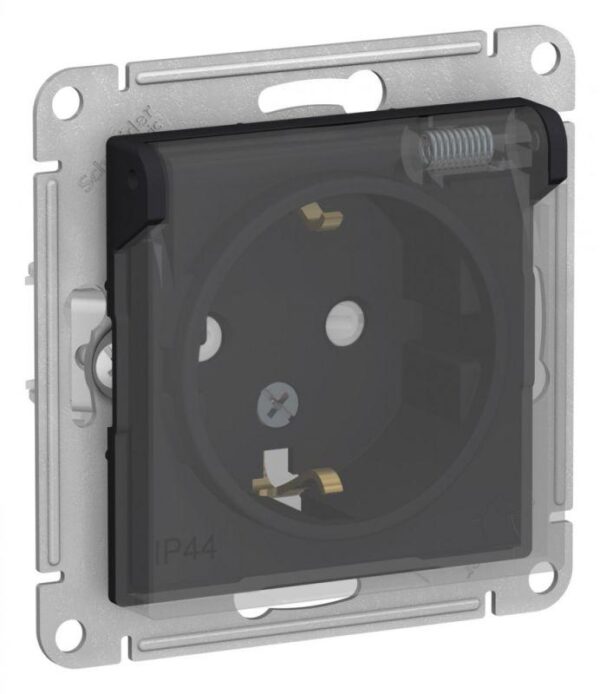Розетка 1-м СП AtlasDesign Aqua 16А IP44 с заземл. защ. шторки с прозр. крышкой механизм карбон SE ATN441046 (1324376)
