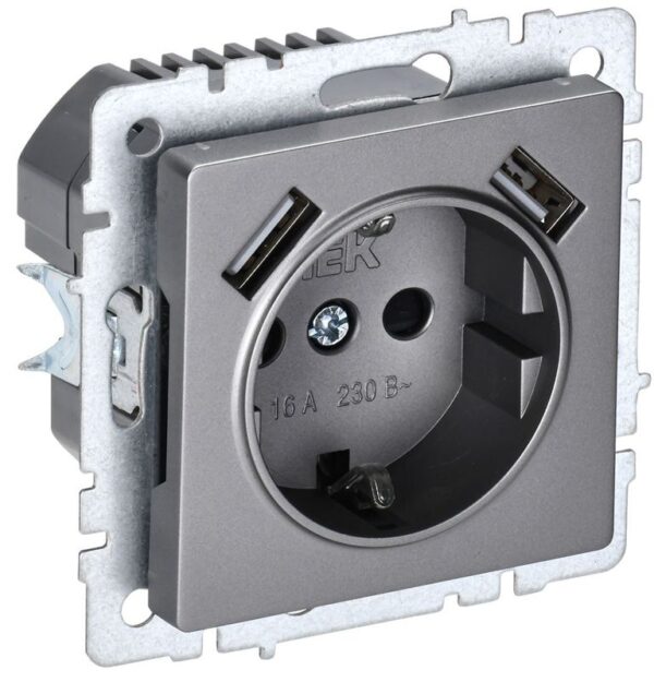 Розетка BRITE РЮш10-1-БрС 16А с USB A+A 2.1А с заземл. защ. шторки механизм сталь IEK BR-R14-16-U21-D21-K46 (1679772)
