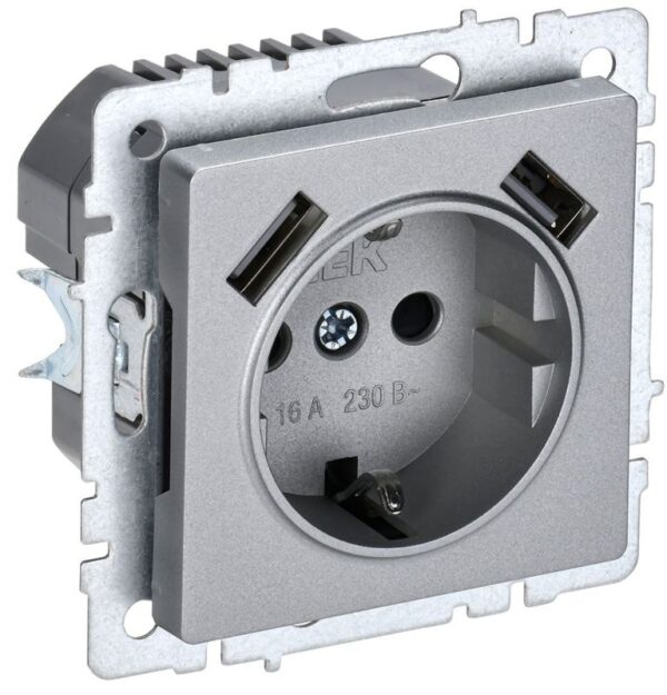 Розетка BRITE РЮш10-2-БрА 16А с USB A+A 3.1А с заземл. защ. шторки механизм алюм. IEK BR-R14-16-U21-D31-K47 (1679767)