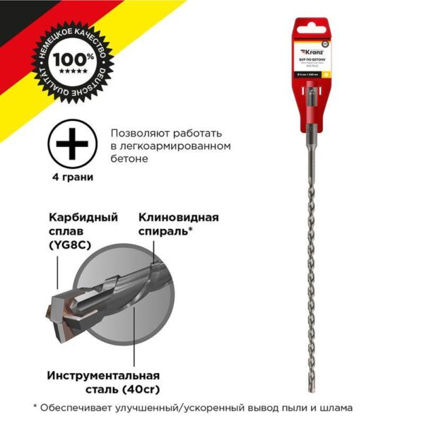 Бур по бетону 6х260мм крестовая пластина SDS PLUS Kranz KR-91-0804 (1544306)