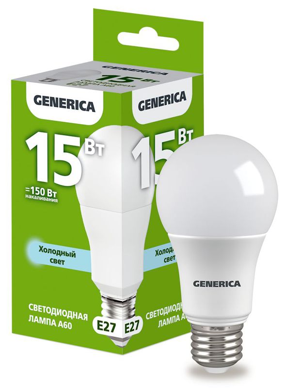 Лампа светодиодная A60 15Вт грушевидная 6500К E27 230В GENERICA LL-A60-15-230-65-E27-G (1647603)