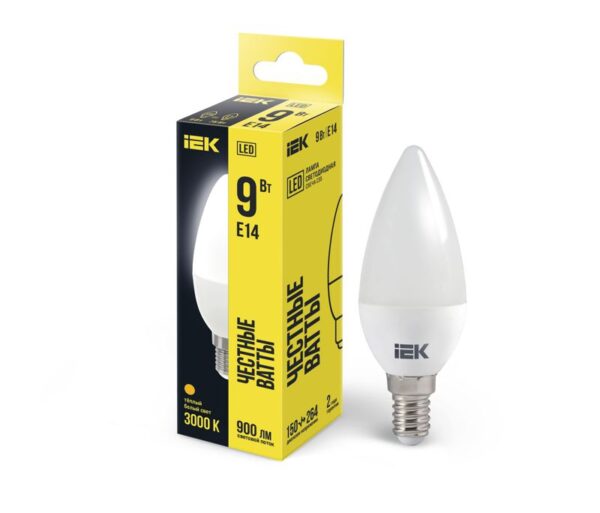 Лампа светодиодная C35 9Вт свеча 3000К E14 230В IEK LLE-C35-9-230-30-E14 (1273607)