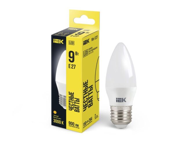Лампа светодиодная C35 9Вт свеча 3000К E27 230В IEK LLE-C35-9-230-30-E27 (1273608)