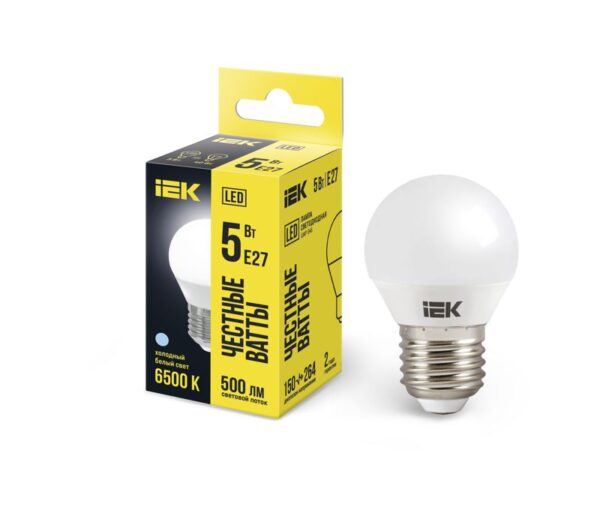 Лампа светодиодная G45 5Вт шар 6500К E27 230В IEK LLE-G45-5-230-65-E27 (479700)
