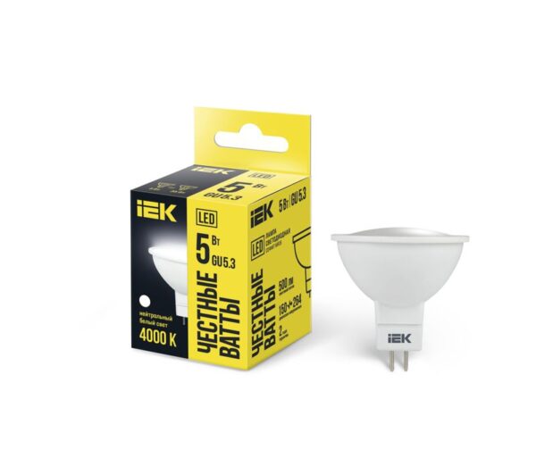 Лампа светодиодная 5Вт MR16 софит 4000К нейтр. бел. GU5.3 450лм 230-240В IEK LLE-MR16-5-230-40-GU5 (422024)