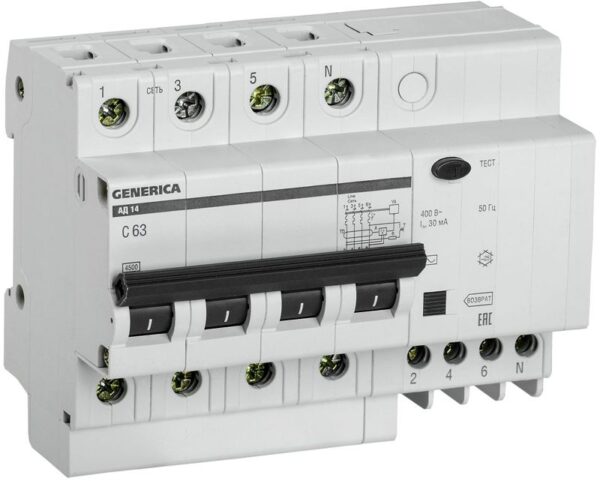 Выключатель автоматический дифференциального тока 4п 63А 30мА АД14 GENERICA MAD15-4-063-C-030 (476464)