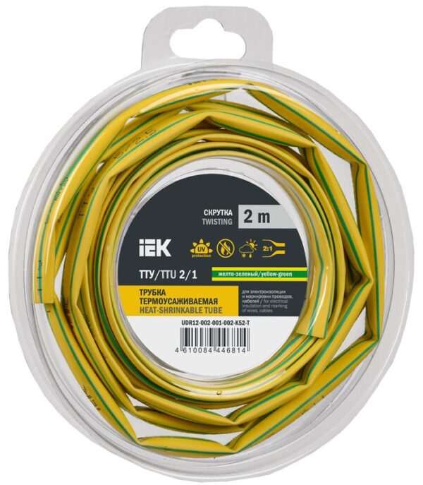 Трубка термоусадочная ТТУ нг-LS 2/1 желт./зел. (уп.2м) IEK UDR12-002-001-002-K52-T (1777070)