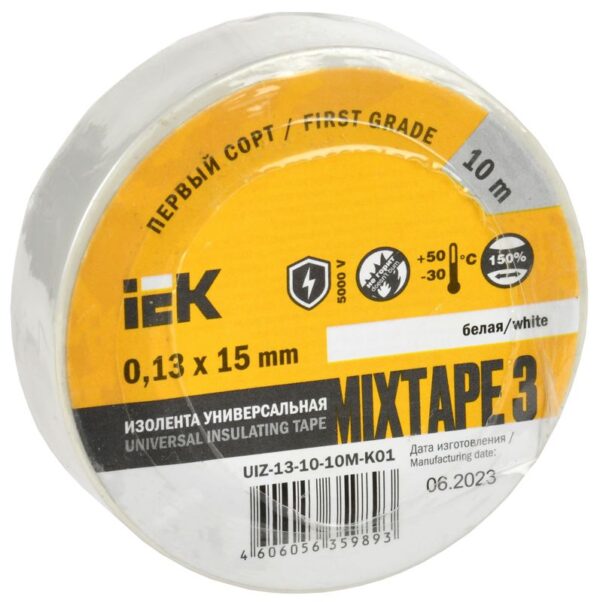 Изолента ПВХ 0.13х15мм (рул.10м) бел. IEK UIZ-13-10-10M-K01 (304393)