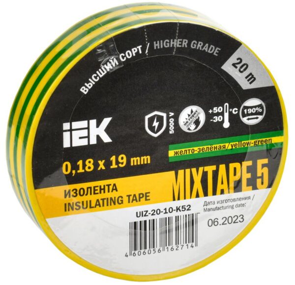 Изолента ПВХ 0.18х19мм желт./зел. (рул.20м) IEK UIZ-20-10-K52 (206217)