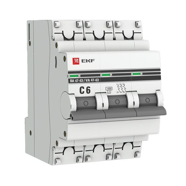 Выключатель автоматический модульный 3п C 6А 4.5кА ВА 47-63 PROxima EKF mcb4763-3-06C-pro (50627)